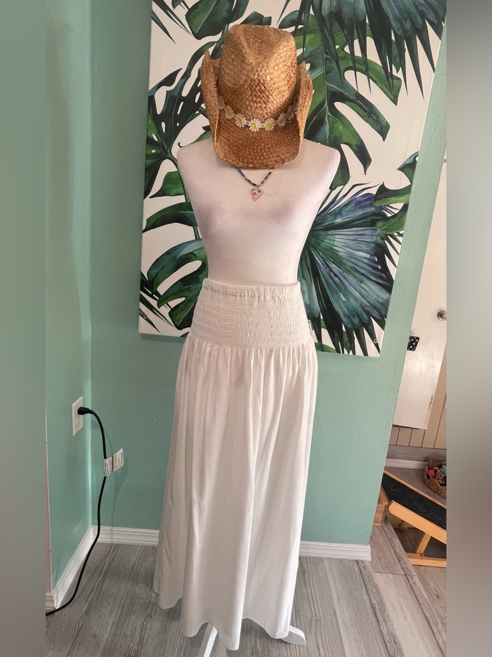 🌸 Smocked-Waist White Maxi Skirt